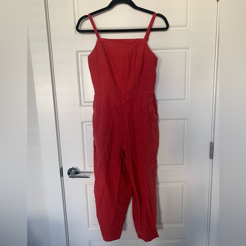 Red Adjustable Strap Linen Jumpsuit with Pockets